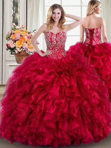 Traditional Red Organza Lace Up Sweetheart Sleeveless Sweet 16 Dress Brush Train Beading and Ruffles