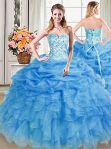 Dynamic Blue Ball Gowns Sweetheart Sleeveless Organza Floor Length Lace Up Beading and Ruffles and Pick Ups Quinceanera 