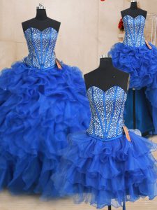 Wonderful Four Piece Floor Length Royal Blue Sweet 16 Dress Organza Sleeveless Beading and Ruffles