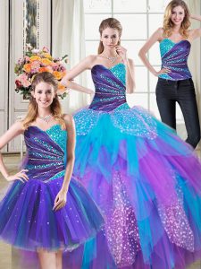 Fashionable Three Piece Multi-color Ball Gowns Tulle Sweetheart Sleeveless Beading and Ruffles Floor Length Lace Up Swee