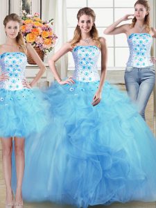 Three Piece Light Blue Lace Up Quinceanera Dresses Beading and Appliques and Ruffles Sleeveless Floor Length