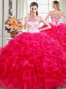 Super Floor Length Hot Pink Quinceanera Gown Straps Sleeveless Lace Up