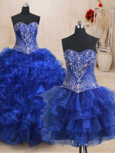 Sophisticated Three Piece Sleeveless Organza With Brush Train Lace Up Ball Gown Prom Dress in Royal Blue with Beading an