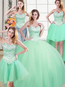 Four Piece Sweetheart Sleeveless Tulle Quince Ball Gowns Beading Lace Up