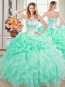 Apple Green Organza Lace Up Sweetheart Sleeveless Floor Length Quinceanera Gowns Beading and Ruffles and Pick Ups