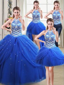Delicate Four Piece Halter Top Royal Blue Sleeveless Floor Length Beading and Pick Ups Lace Up Quinceanera Gowns