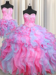 Three Piece Sleeveless Floor Length Beading and Ruffles Lace Up 15 Quinceanera Dress with Multi-color