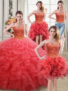 Four Piece Floor Length Coral Red Quinceanera Gowns Organza Sleeveless Beading and Ruffles