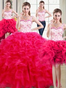 Shining Four Piece Hot Pink Straps Lace Up Beading and Ruffles Quinceanera Gowns Sleeveless