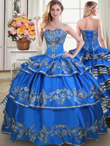 Sleeveless Floor Length Beading and Embroidery and Ruffled Layers Lace Up Sweet 16 Quinceanera Dress with Blue