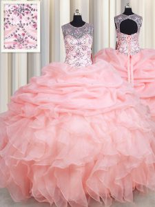 Fashionable Scoop Baby Pink Ball Gowns Beading and Ruffles and Pick Ups Quinceanera Gowns Lace Up Organza Sleeveless Flo