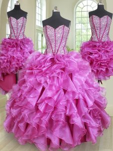 Pretty Four Piece Fuchsia Ball Gowns Beading and Ruffles Quinceanera Gown Lace Up Organza Sleeveless Floor Length