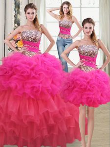 Three Piece Sequins Ruffled Ball Gowns Quinceanera Gowns Multi-color Strapless Organza Sleeveless Floor Length Lace Up