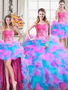 Stylish Four Piece Multi-color Zipper Sweetheart Beading and Ruffles 15 Quinceanera Dress Organza and Tulle Sleeveless