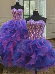 Beauteous Three Piece Floor Length Blue and Purple Quinceanera Dress Sweetheart Sleeveless Lace Up