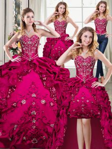 Four Piece Beading and Embroidery 15th Birthday Dress Fuchsia Lace Up Sleeveless Floor Length