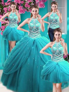 Four Piece Halter Top Beading and Pick Ups Quince Ball Gowns Aqua Blue Lace Up Sleeveless Floor Length
