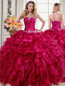 Custom Fit Fuchsia Sleeveless Organza Lace Up Quinceanera Dress for Military Ball and Sweet 16 and Quinceanera