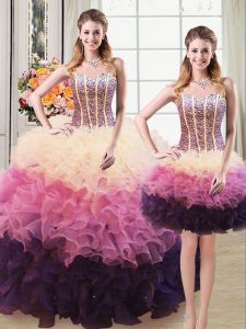 Fancy Three Piece Multi-color Ball Gowns Sweetheart Sleeveless Organza Floor Length Lace Up Beading and Ruffles Quincean