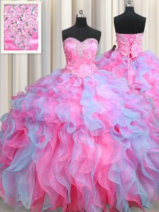 Comfortable Organza Sweetheart Sleeveless Lace Up Beading and Ruffles Ball Gown Prom Dress in Multi-color