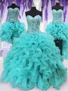 Four Piece Sleeveless Organza Floor Length Lace Up Quinceanera Gowns in Aqua Blue with Beading and Ruffles