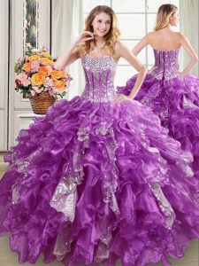 Purple Sleeveless Beading and Ruffles and Sequins Floor Length Quince Ball Gowns