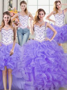 Amazing Four Piece Straps Floor Length Lavender Quinceanera Gowns Organza Sleeveless Beading and Lace and Ruffles