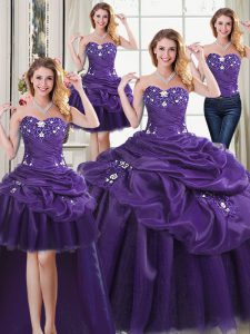 Four Piece Purple Sweetheart Neckline Beading and Appliques and Pick Ups Quinceanera Dress Sleeveless Lace Up