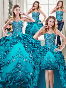Attractive Four Piece Beading and Embroidery and Pick Ups Quinceanera Gown Teal Lace Up Sleeveless Floor Length