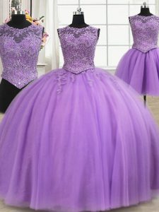 Three Piece Scoop Sleeveless Lace Up Floor Length Beading and Appliques Quinceanera Dresses