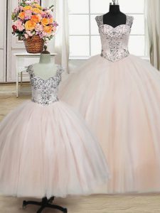 Fancy Straps Floor Length Zipper Sweet 16 Dress Pink for Military Ball and Sweet 16 and Quinceanera with Beading
