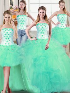 Four Piece Turquoise Strapless Neckline Beading and Appliques and Ruffles Sweet 16 Dress Sleeveless Lace Up