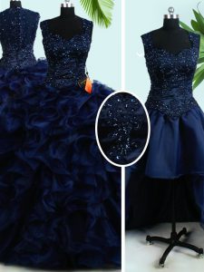 Artistic Four Piece Straps Navy Blue Sleeveless Organza Zipper Quinceanera Gown for Military Ball and Sweet 16 and Quinc
