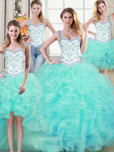 Wonderful Four Piece Straps Floor Length Lace Up Vestidos de Quinceanera Aqua Blue for Military Ball and Sweet 16 and Qu