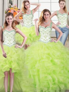 Attractive Four Piece Straps Sleeveless Floor Length Beading and Lace and Ruffles Lace Up Ball Gown Prom Dress with Yell