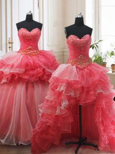 Sexy Three Piece Organza Sleeveless Quince Ball Gowns Brush Train and Beading and Ruffled Layers