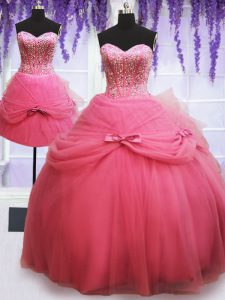 Super Three Piece Rose Pink Ball Gowns Sweetheart Sleeveless Tulle Floor Length Lace Up Beading and Bowknot Sweet 16 Dre