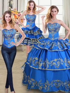 Classical Three Piece Blue Sleeveless Floor Length Beading and Embroidery and Ruffled Layers Lace Up Ball Gown Prom Dres