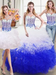 Fashion Three Piece Organza Sleeveless Floor Length Quince Ball Gowns and Beading and Ruffles