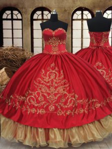 Amazing Wine Red Organza and Taffeta Lace Up Sweetheart Sleeveless Floor Length 15th Birthday Dress Beading and Embroide