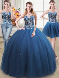 Noble Three Piece Teal Tulle Lace Up 15th Birthday Dress Sleeveless Floor Length Beading