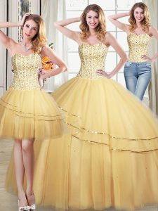 Super Three Piece Gold Sleeveless Beading and Sequins Floor Length Sweet 16 Dresses