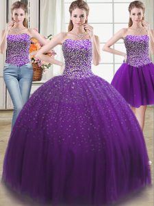 Sumptuous Three Piece Tulle Sweetheart Sleeveless Lace Up Beading Quinceanera Dress in Purple