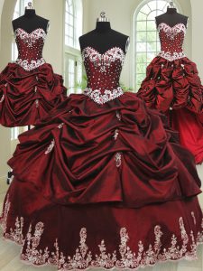 Modern Four Piece Wine Red Ball Gowns Taffeta Sweetheart Sleeveless Beading and Appliques and Pick Ups Floor Length Lace