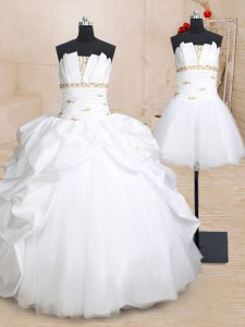 Customized Three Piece Sleeveless Taffeta and Tulle Floor Length Lace Up Ball Gown Prom Dress in White with Beading and 