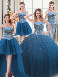 Four Piece Sweetheart Sleeveless 15 Quinceanera Dress Floor Length Beading Teal Tulle