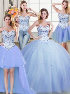 Perfect Four Piece Light Blue Sleeveless Floor Length Beading Lace Up Sweet 16 Quinceanera Dress