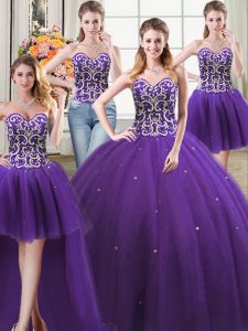 Flare Four Piece Purple Sweetheart Neckline Beading Quince Ball Gowns Sleeveless Lace Up