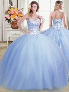 Custom Fit Light Blue Lace Up Sweetheart Beading Quince Ball Gowns Tulle Sleeveless