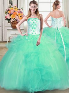 Custom Design Turquoise Strapless Lace Up Beading and Appliques and Ruffles Quinceanera Dress Sleeveless
